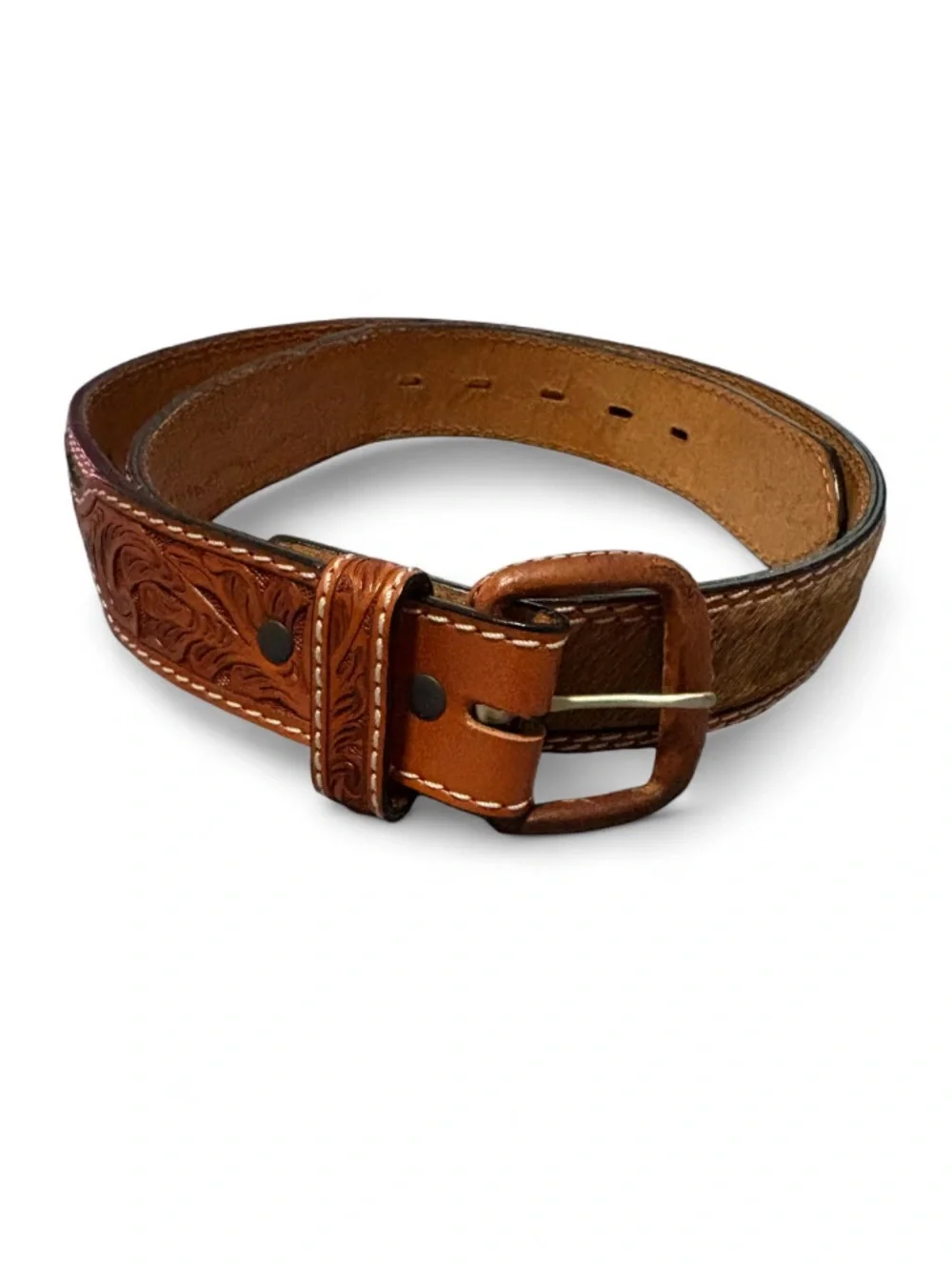 3-D Belt Company Western Hand Tooled Leather and Calf Hair/Fur Trim Belt SIZE 38